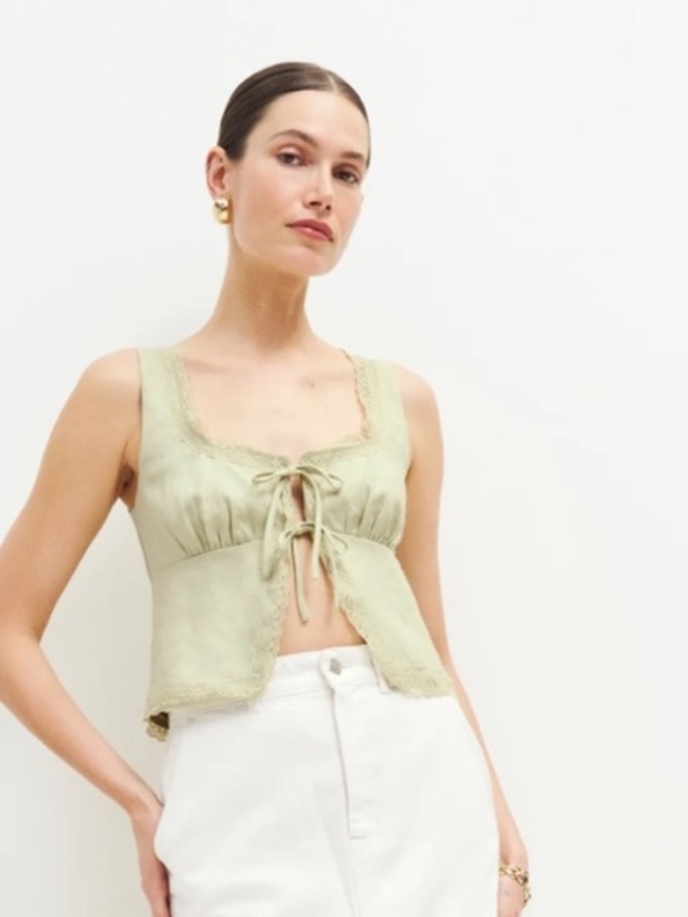 Reformation Lace-Trim Tie-Front Camisole - Sage Green